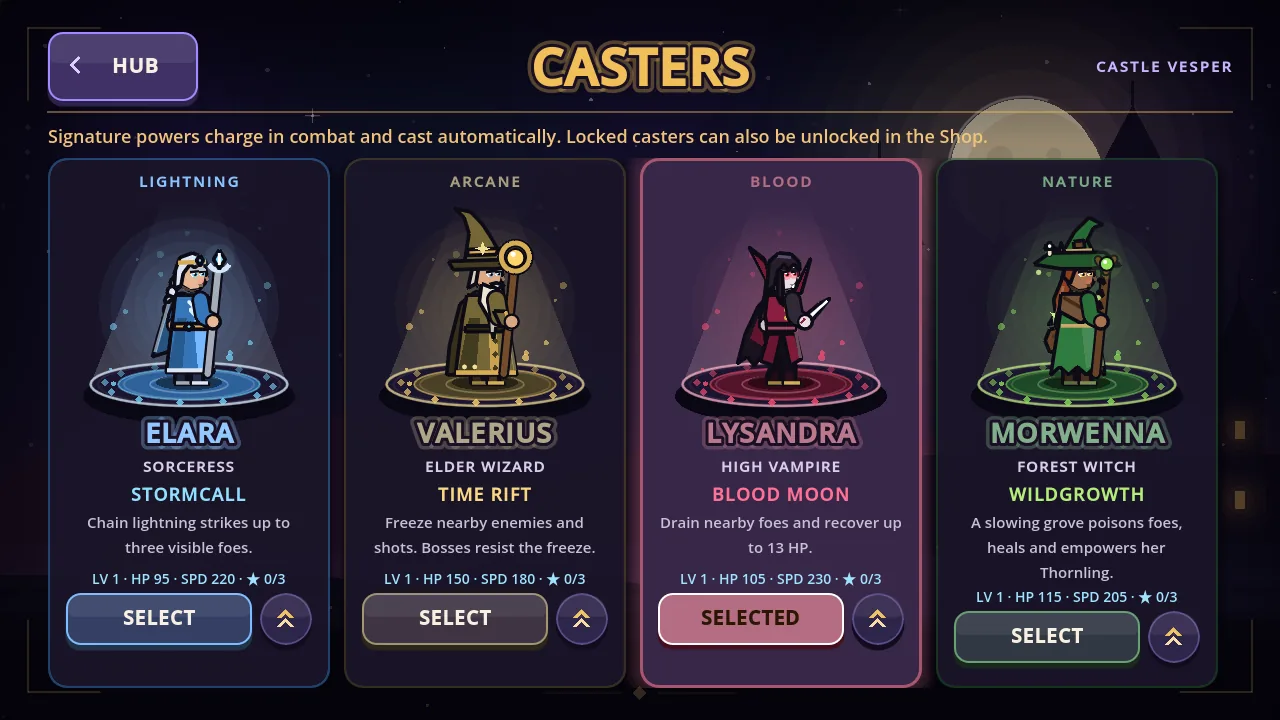The caster selection screen with Elara, Valerius, Lysandra and Morwenna.
