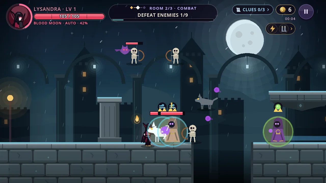 Lysandra, the high vampire caster, fighting skeletons, wolves and marked cultists in a rainy courtyard.