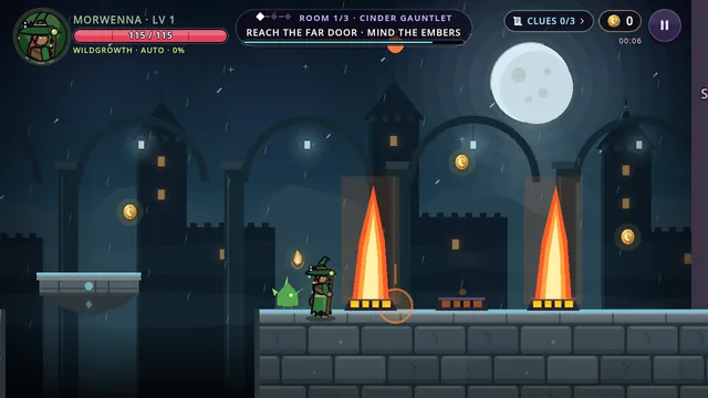 Morwenna timing her run between erupting flame vents in a Cinder Gauntlet.